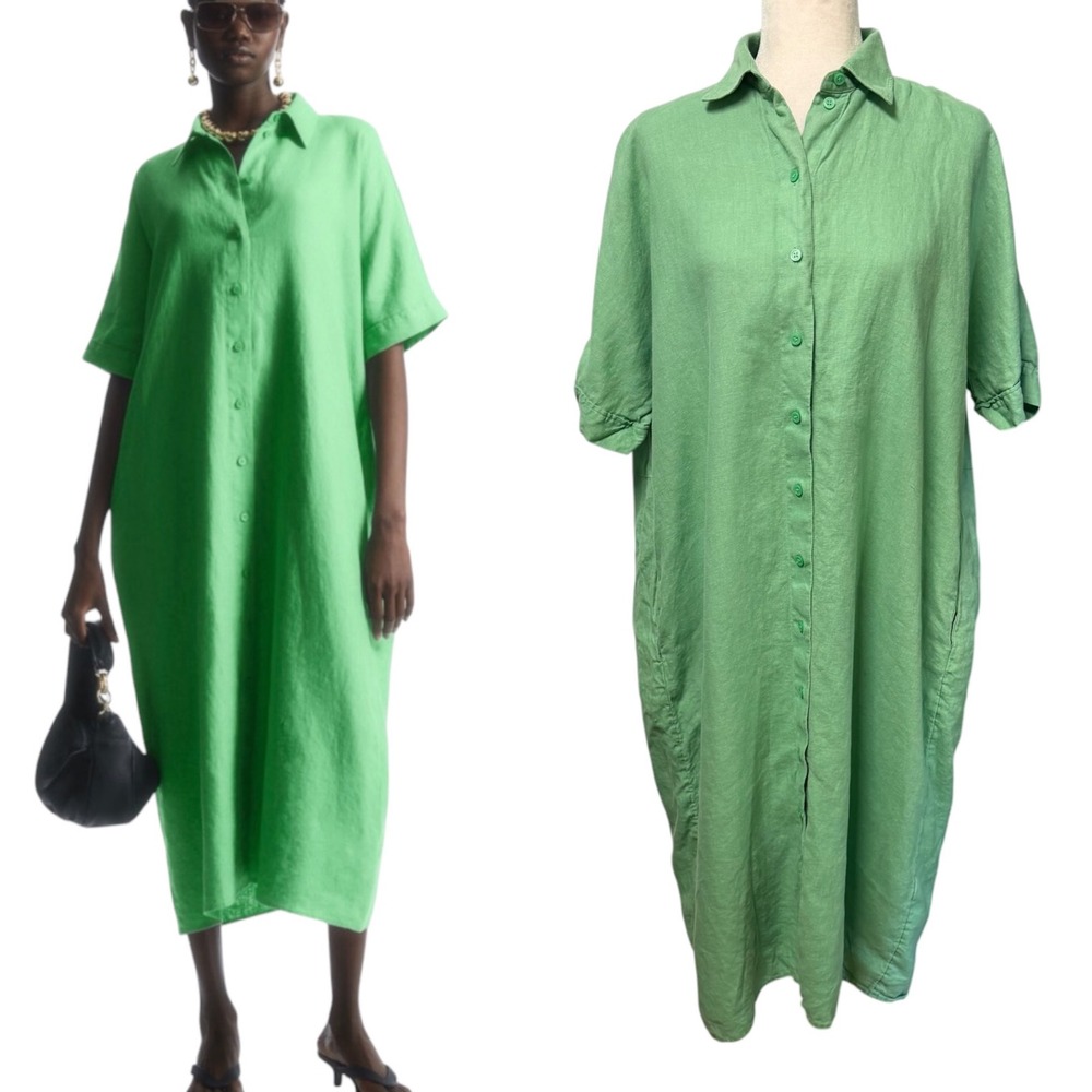 COS Shirt Midi Dress Women XS Kelly Green Linen Blend Relaxed Pockets Oversized